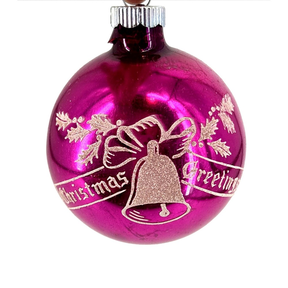 Shiny Brite Christmas Greetings Ornament 2.5" Pink White Mica Stencil Bell Vtg